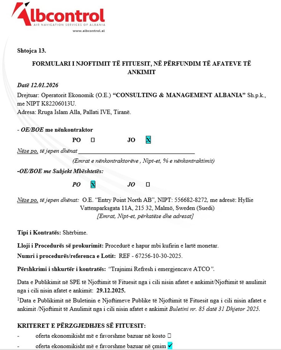 Kompania që ndau paratë e Benet Becit dhe Berberit merr kontratë 700 mijë euro nga Albcontrol