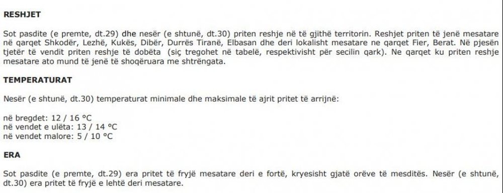 P&euml;rkeq&euml;sohet moti, ulen temperaturat dhe priten reshje shiu
