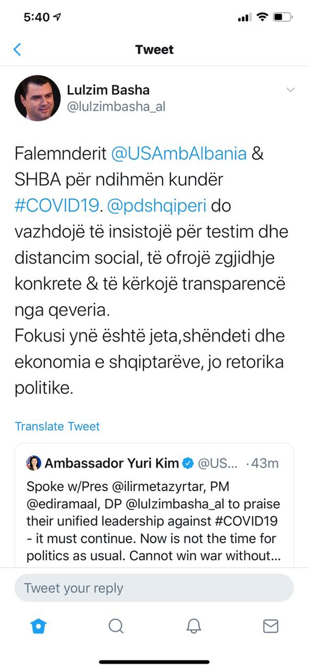 Kriza e Covid-19, Basha falenderon SHBA-n&euml; p&euml;r ndihm&euml;n ndaj