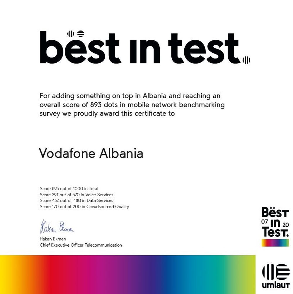 Vodafone Albania vler&euml;sohet nga UMLAUT si rrjeti m&euml; i mir&euml;