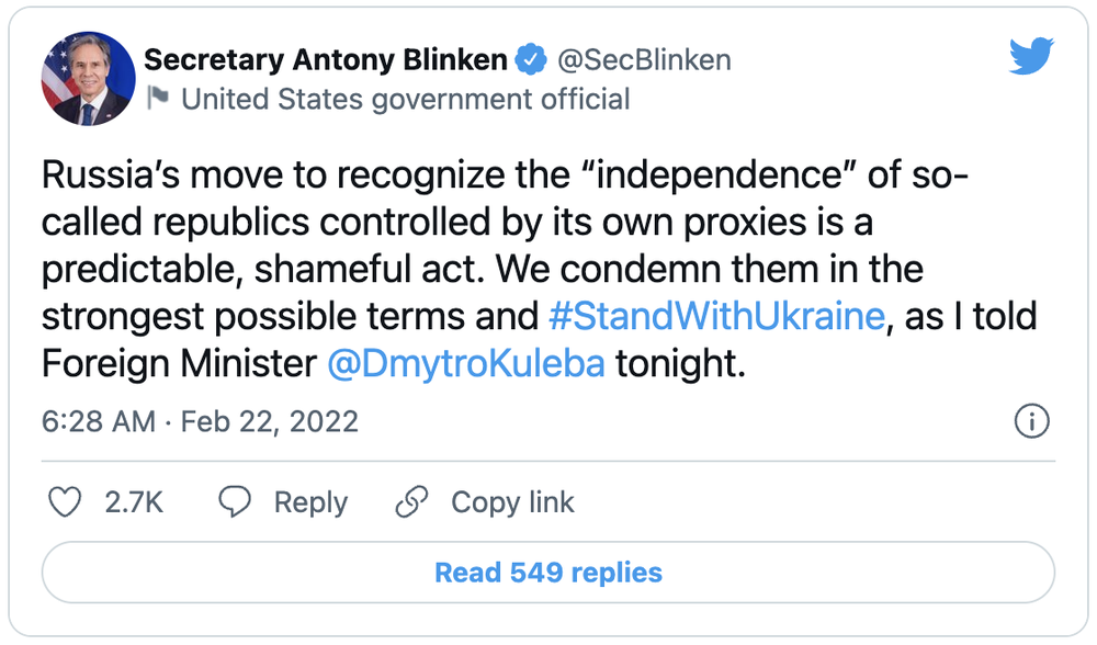 L&euml;vizjet e fundit t&euml; Putinit/ Reagon Blinken: Akte t&euml; turpshme! I