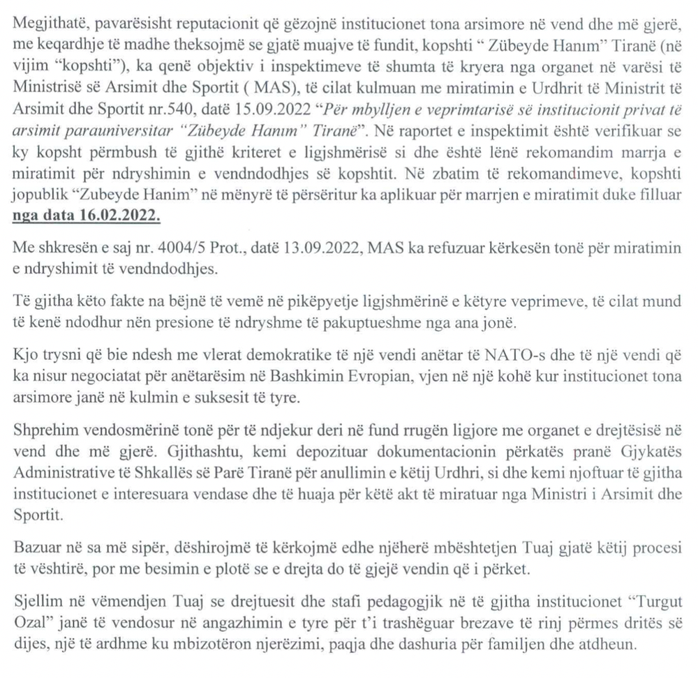 Mbyllet kopshti i Turgut Ozal/ Akuza qeveris&euml; shqiptare