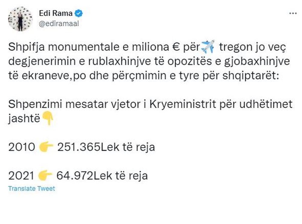 Akuzat p&euml;r udh&euml;timet me charter/ Rama: Shpifje monumentale e mln