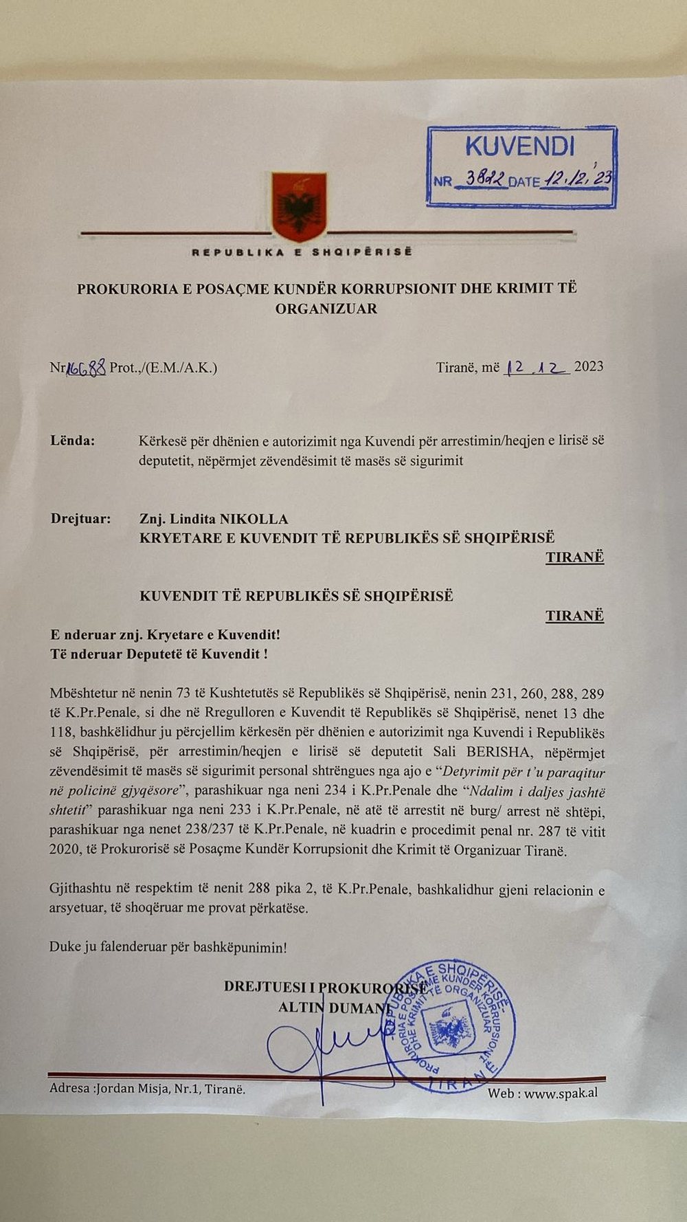 SPAK i k&euml;rkon Kuvendit arrestimin e Berish&euml;s