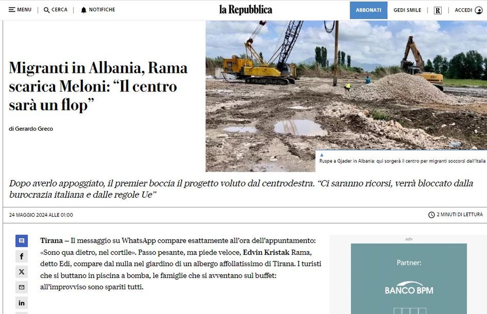 Artikulli i plot&euml; q&euml; rindezi sherrin Rama-La Repubblica