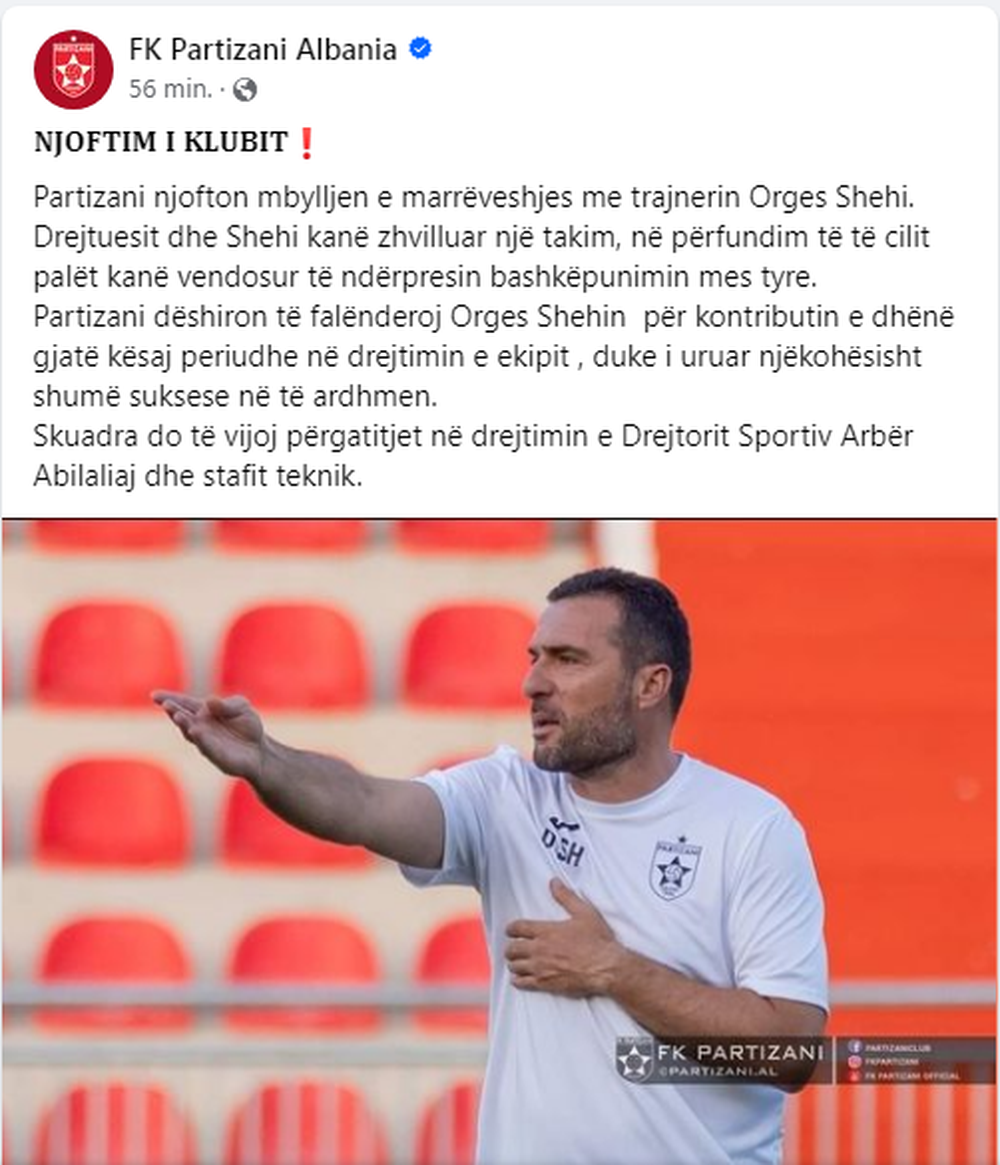 Orges Shehi nuk &euml;sht&euml; m&euml; trajneri i Partizanit: e prit&euml;n 12