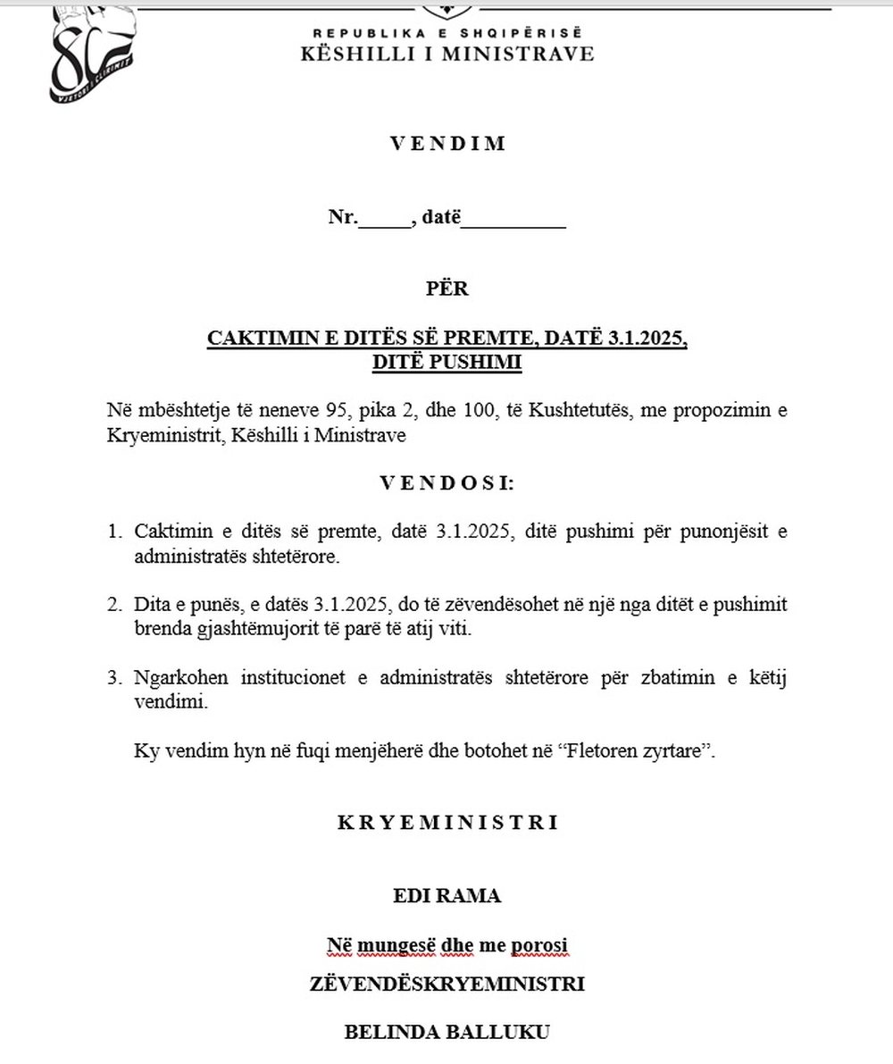 Qeveria merr vendim: Nj&euml; dit&euml; m&euml; shum&euml; pushim