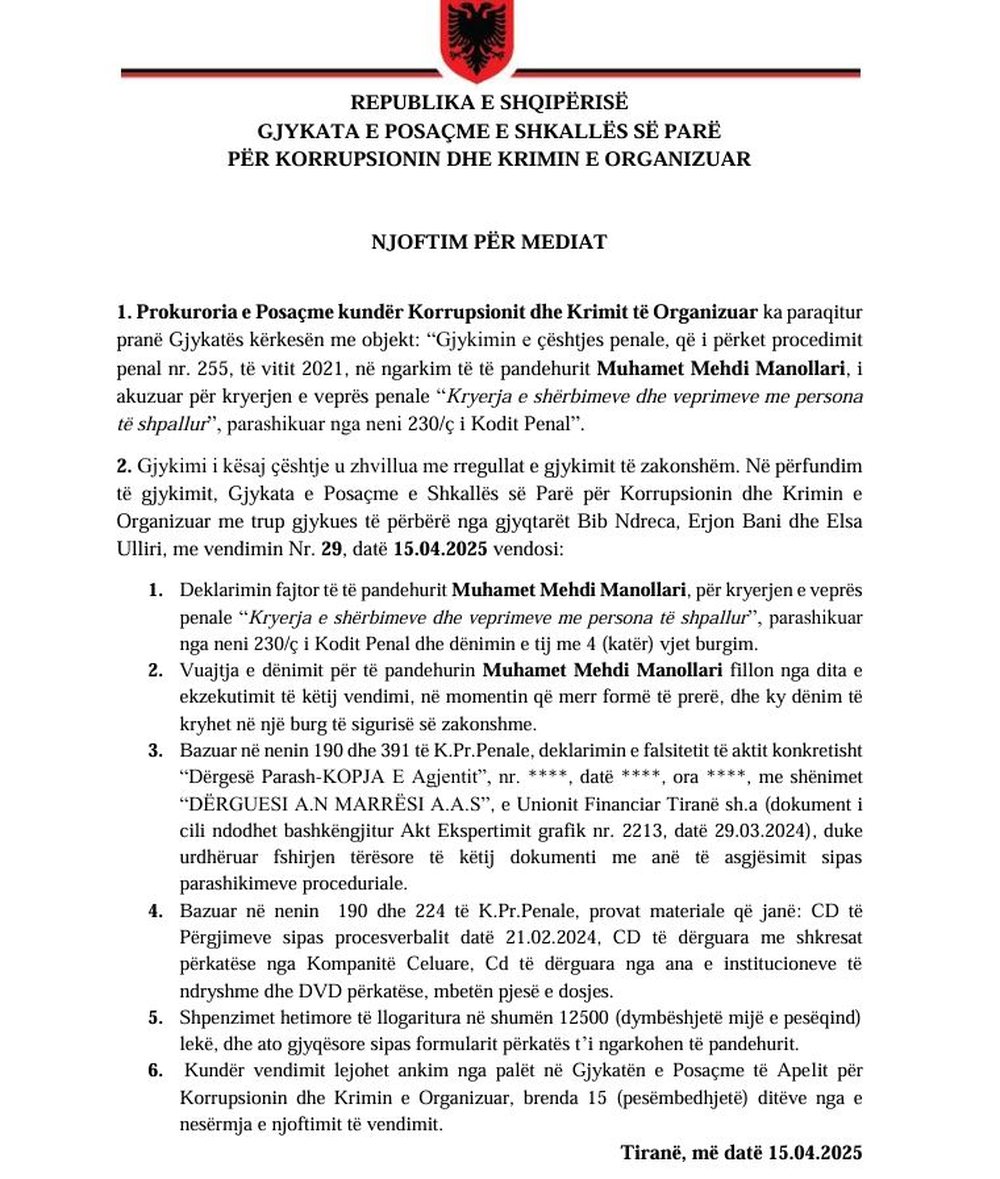 Akuzohet p&euml;r financim t&euml; terrorizmit, GJKKO d&euml;non me 4 vjet burg