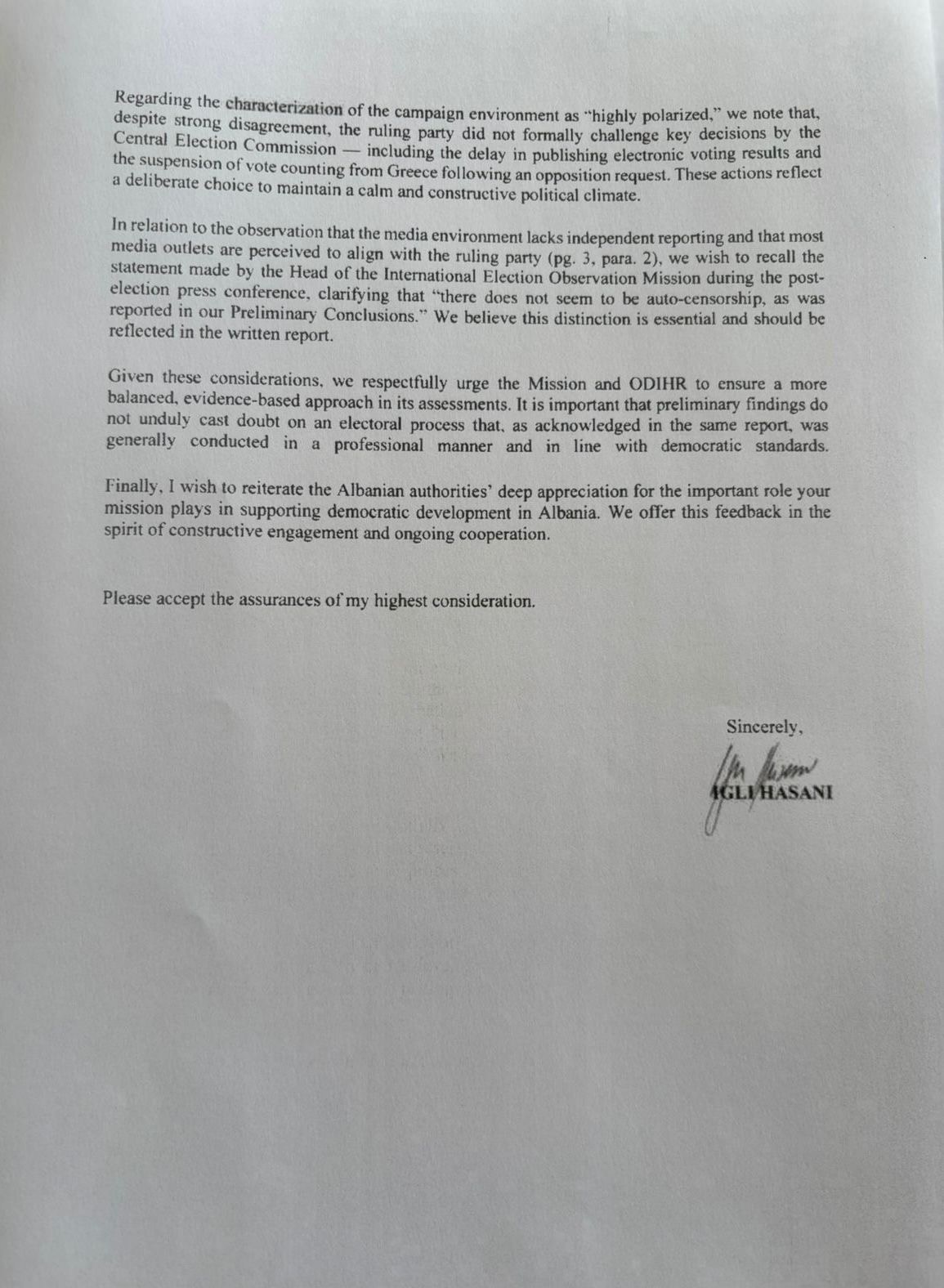 Letra që ministri i jashtëm Igli Hasani i dërgoi drejtuesve të OSBE
