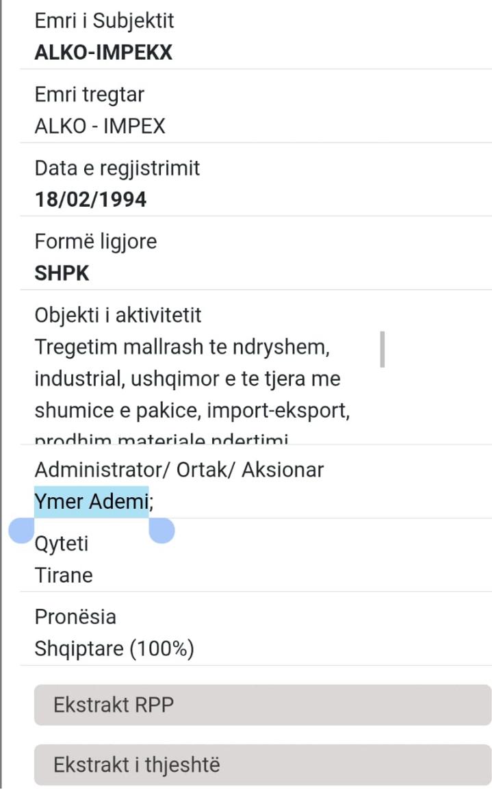 Faksimile që tregon se ALKO IMPEX është në pronësi të Ymer Ademit