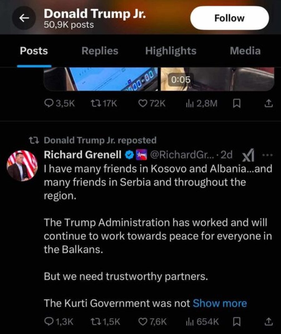 "Mos u mashtroni nga Albin Kurti", djali i Donald Trump shpërndan