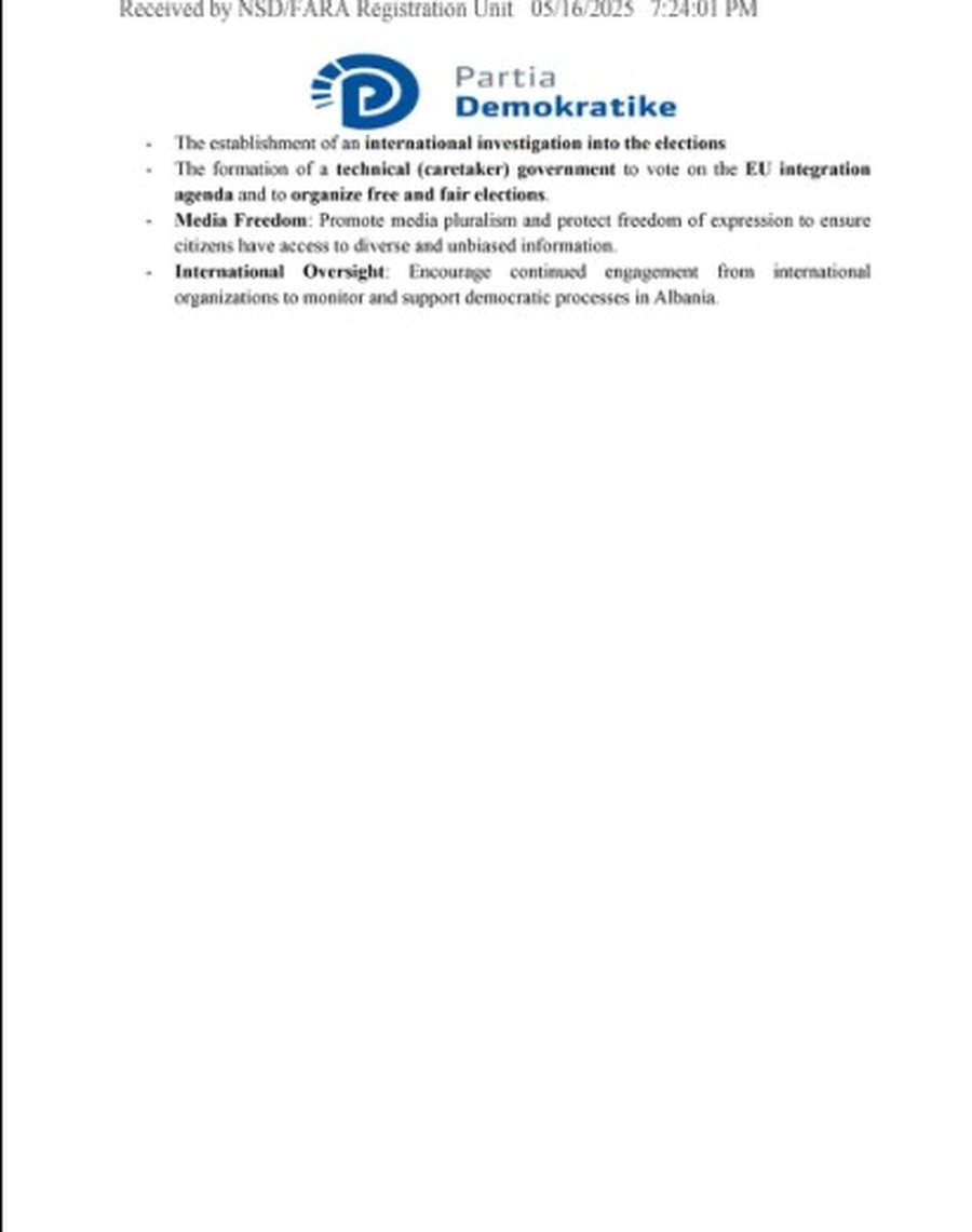 Publikohet DOKUMENTI/ PD ankohet në SHBA për zgjedhjet e 11 majit