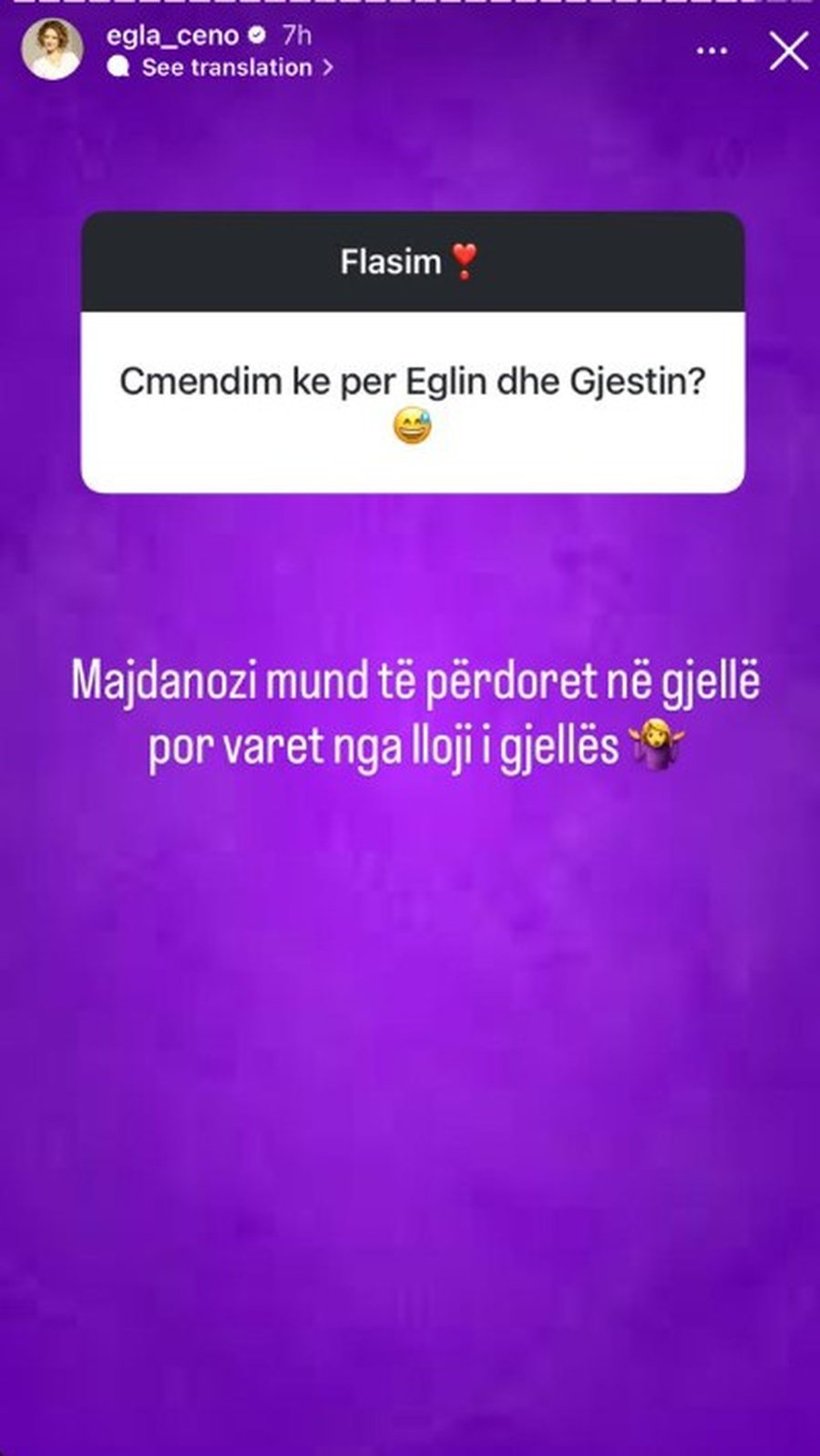 Egla Ceno "thumbon" çiftin Egli-Gjesti: Majdanozi varet nga