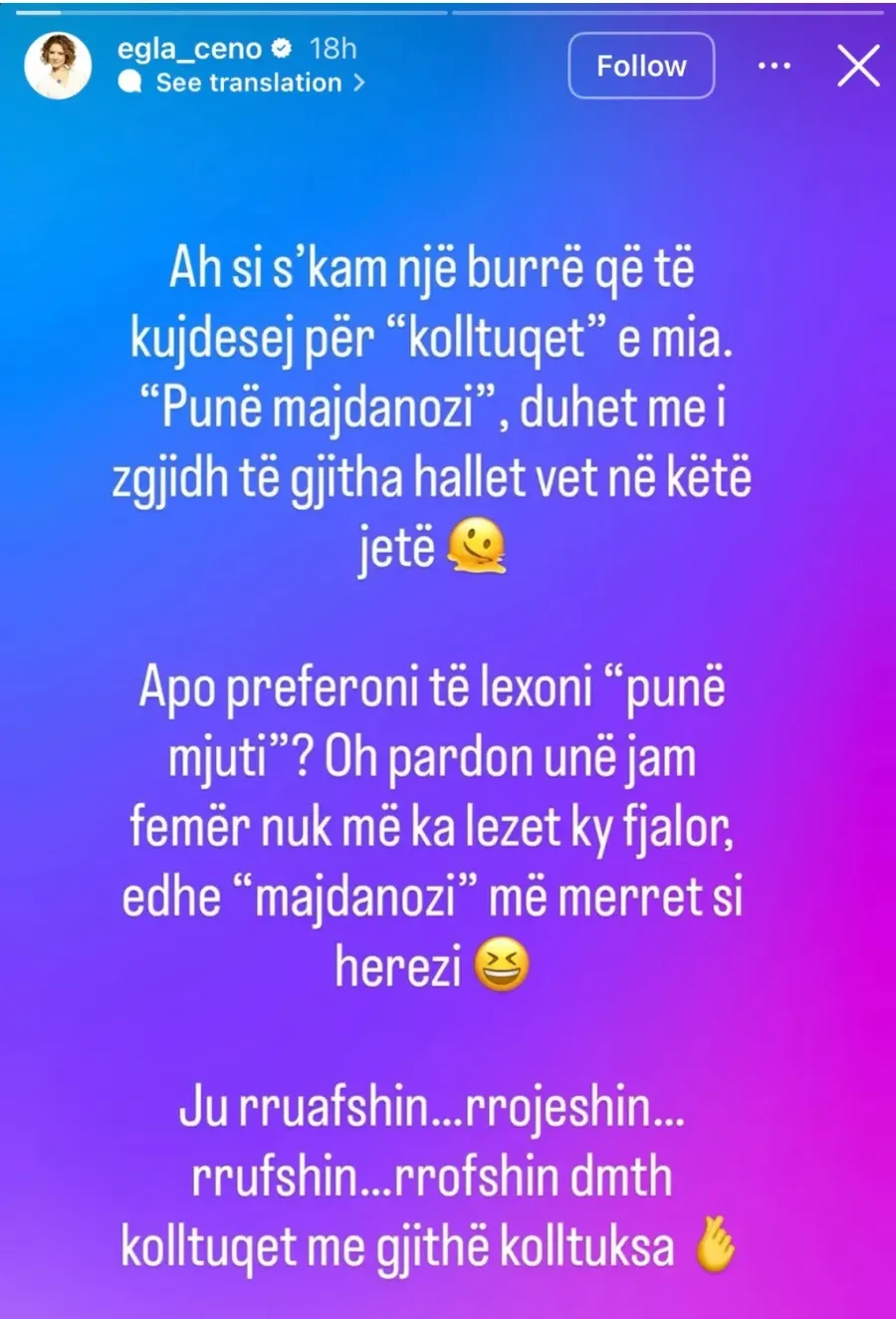 Egla Ceno ironizon deklaratën e fundit të Luiz Ejllit për