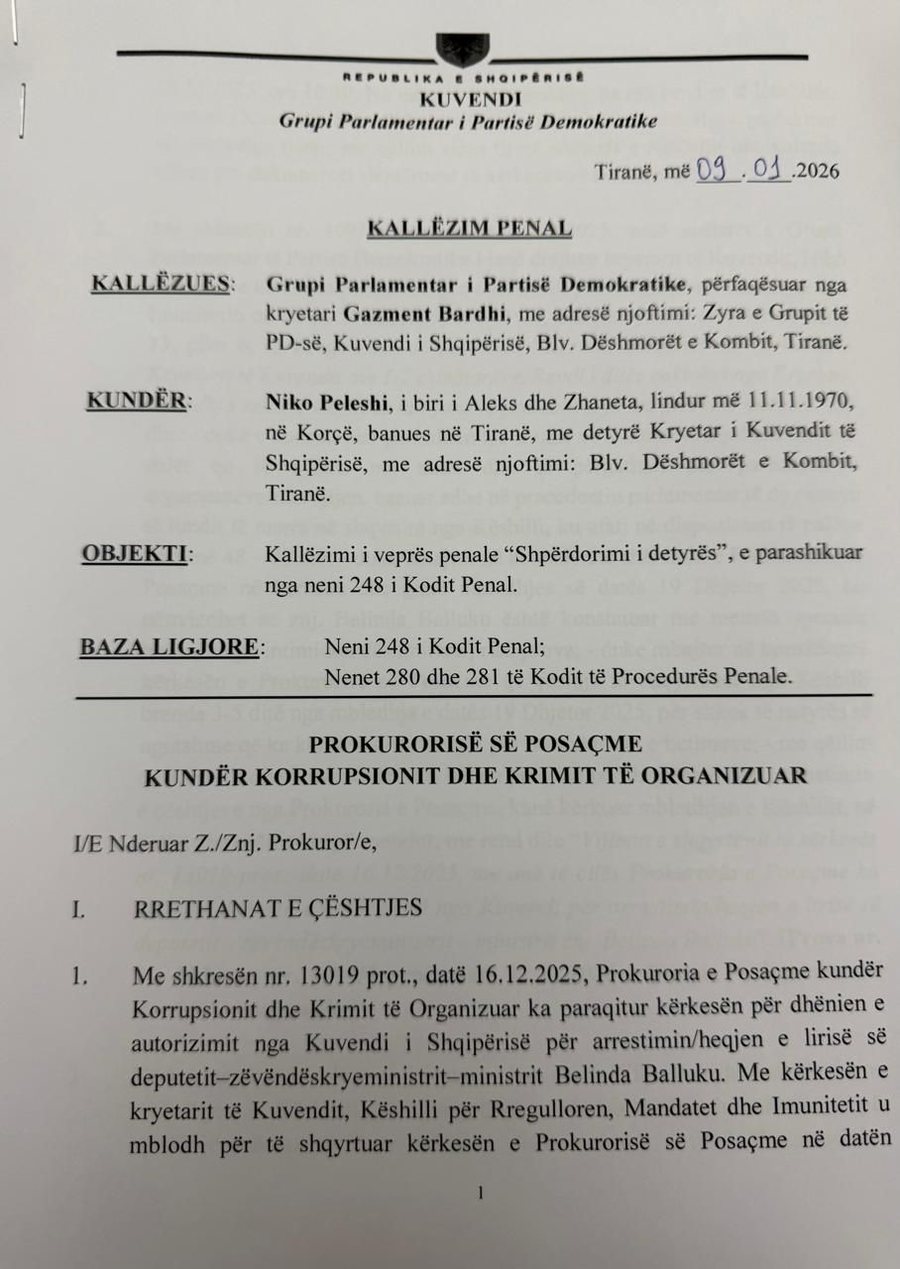 PD dorëzon dosjen ndaj Niko Peleshit në SPAK, shkak vonesat për