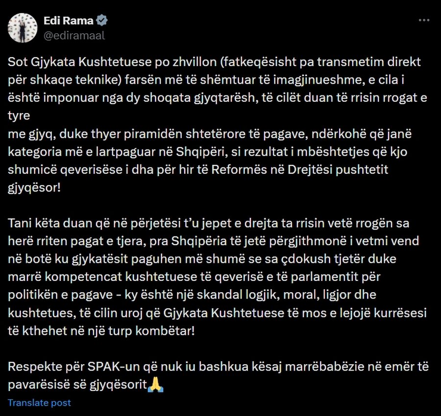 Gjyqtarët kërkojnë në Kushtetuese rritjen e pagave, Edi Rama