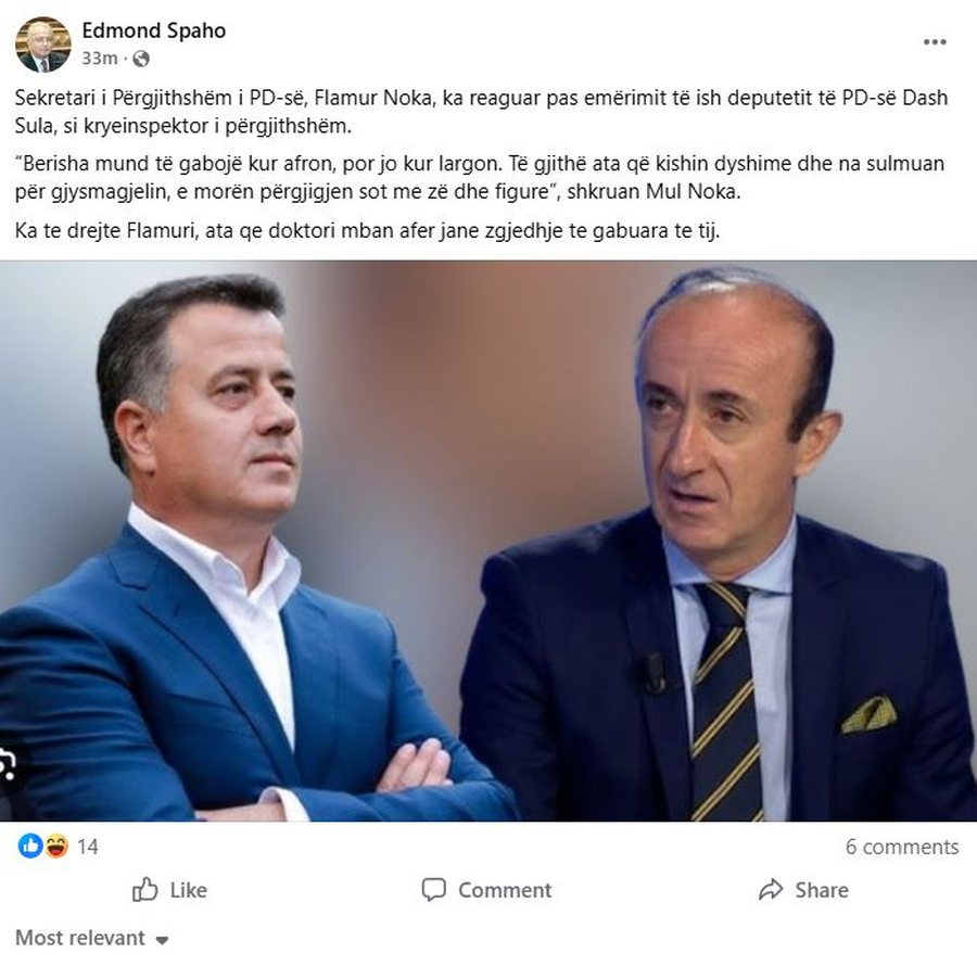 Deklarata e Nokës për emërimin e Sulës  ironizon ish deputeti i PD së  Ka te drejtë  ata që doktori mban afër  janë  