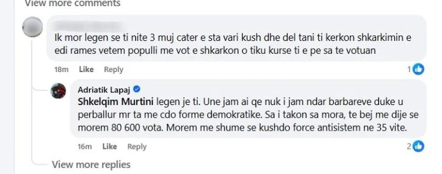 &ldquo;Legen je ti&rdquo;, Adriatik Lapaj p&euml;rplaset me komentuesin n&euml;