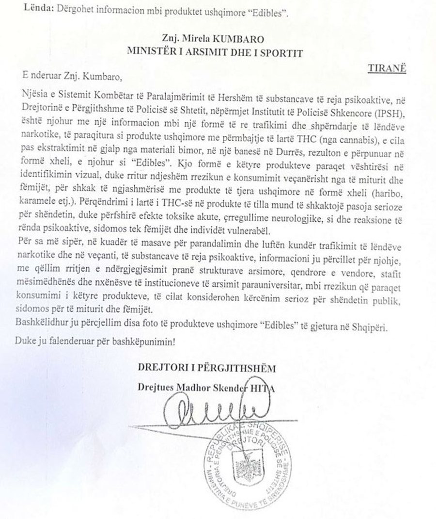 Karamele me kanabis, Hita LETËR Ministrisë së Arsimit: KUJDES,