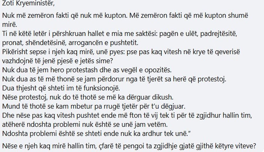 Edi Rama shkroi let&euml;r t&euml; hapur, protestuesi i p&euml;rgjigjet