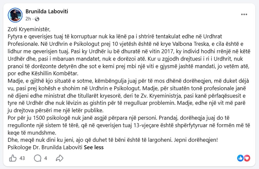 Konflikti i Psikologëve përfundon te Edi Rama, Laboviti i shkruan