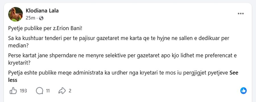 Klodiana Lala pyet publikisht kryetarin e Gjykat&euml;s s&euml; Posa&ccedil;me: