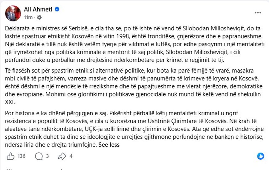 Deklarata SKANDALOZE e ministres serbe, reagon Ali Ahmeti: Trondit&euml;se,