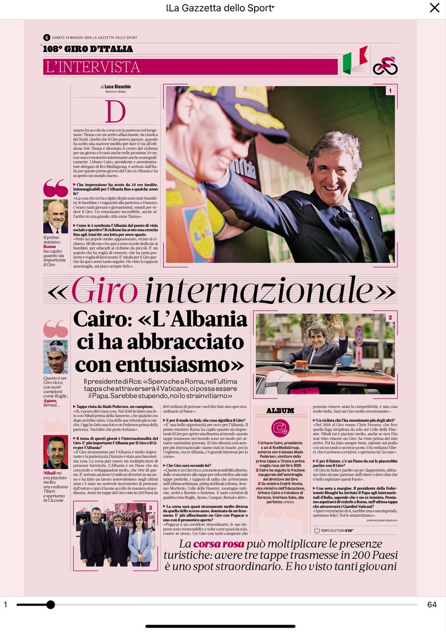 Presidenti i Giro D’Italia: Shqipëria na mirëpriti me