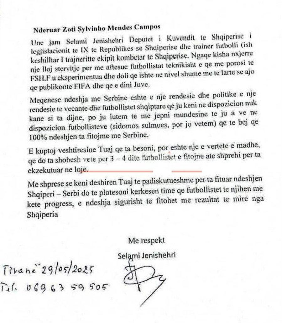 Ndeshja Shqipëri-Serbi, Selami Jenisheri letër Sylvinhos: Si trajner