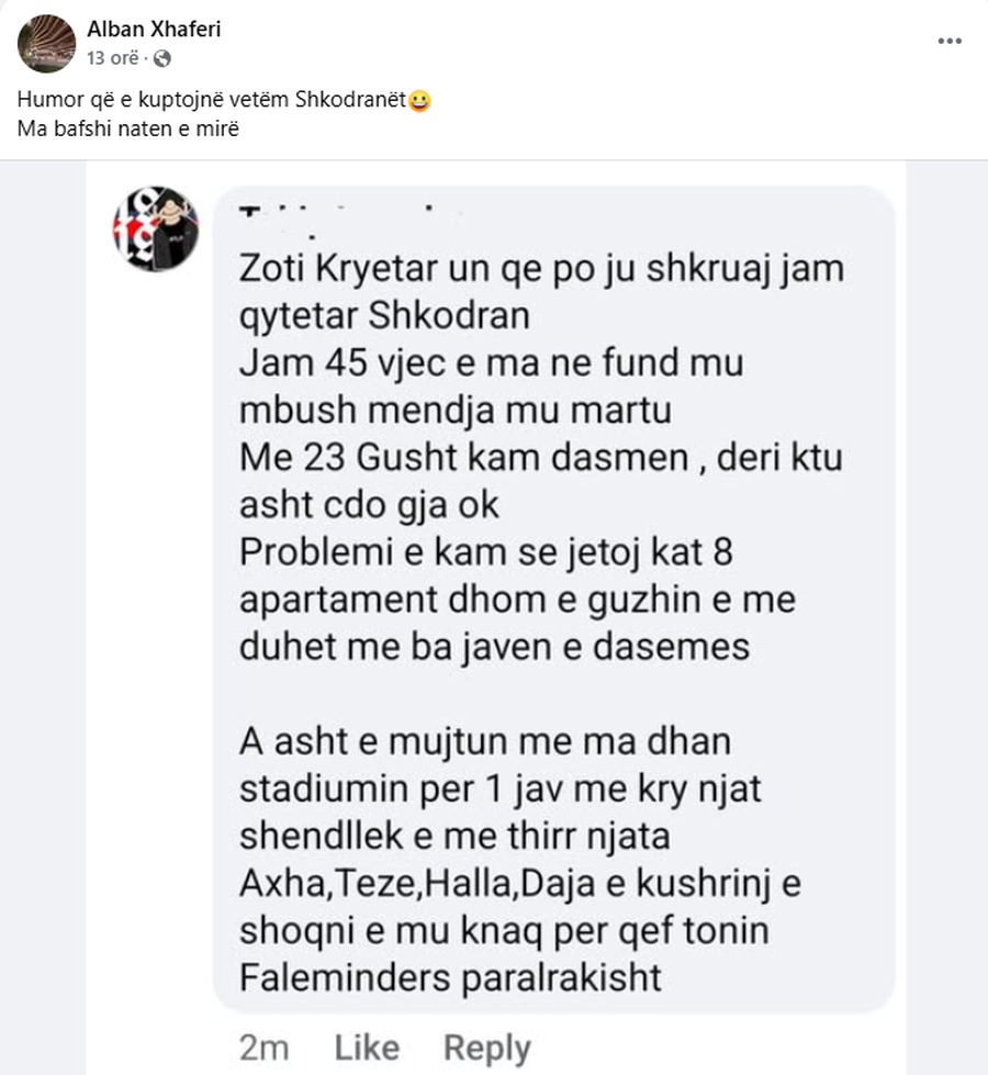 “A ma jep stadiumin për dasmë, me thirrë teze, halla dhe