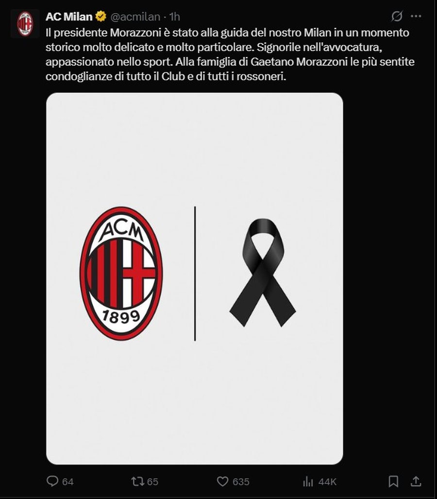 Ditë zie sot në klubin e Milanit, ndahet nga jeta presidenti i njohur