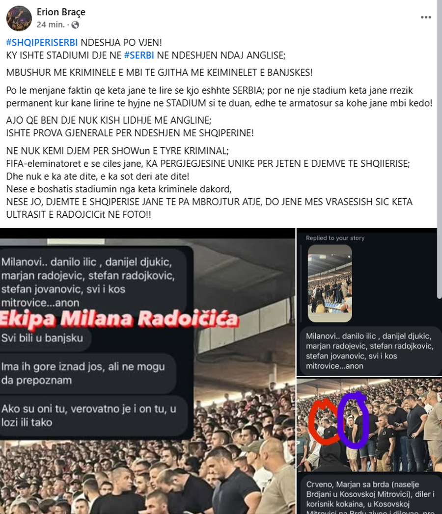 Alarmi i fortë i Erion Braçes, publikon FOTO nga stadiumi i
