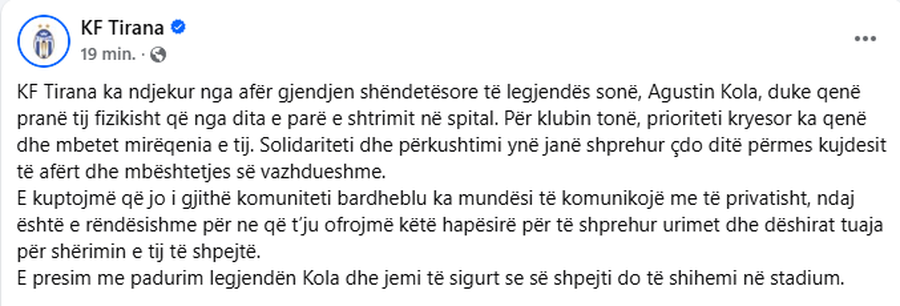 Legjenda Agustin Kola prej disa ditësh në QSUNT, REAGON për