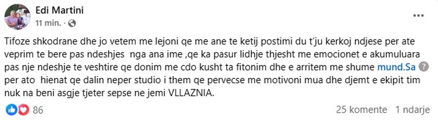Edi Martini bën "mea culpa", trajneri i Vllaznisë reagon pas