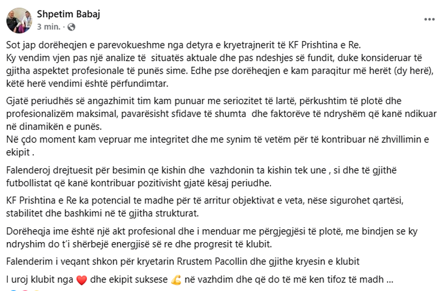 Vendi i fundit në Superligë, trajneri LARGOHET nga kryeqytetasit: Sot