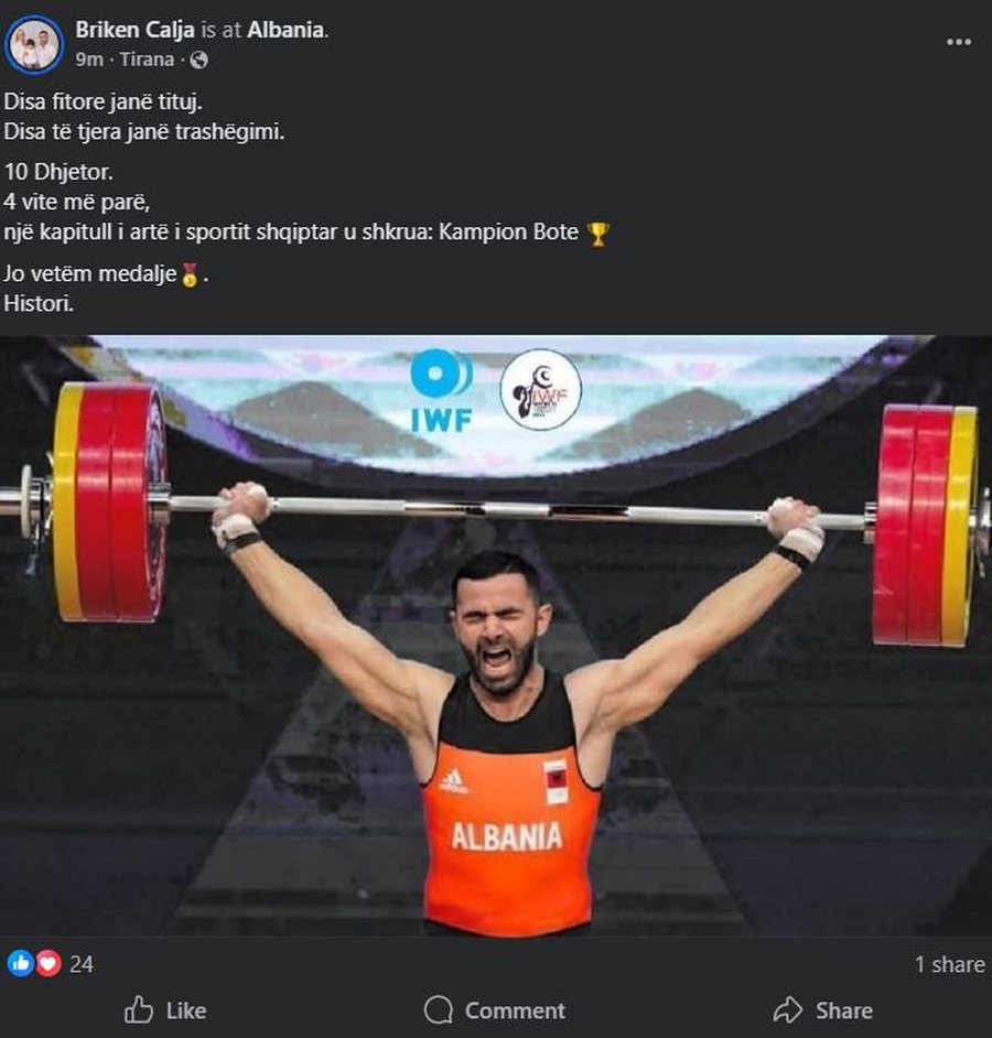 Kampion bote në peshëngritje, Briken Calja i emocionuar bën