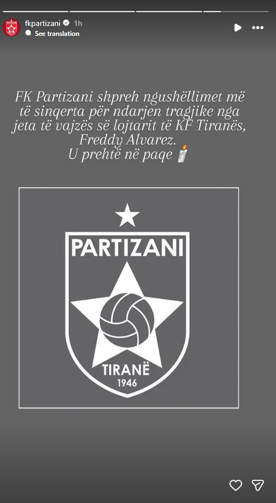 Rival&euml; vet&euml;m n&euml; fush&euml;, Partizani shpreh ngush&euml;llimet