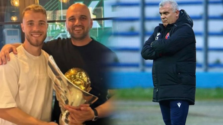 P&euml;rkrah Ildi Grud&euml;s me trofeun e kampionit, drejtori sportiv i