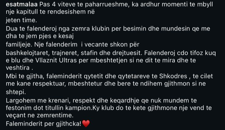 Vendosi t&euml; largohej nga Vllaznia, reagon p&euml;r her&euml; t&euml;