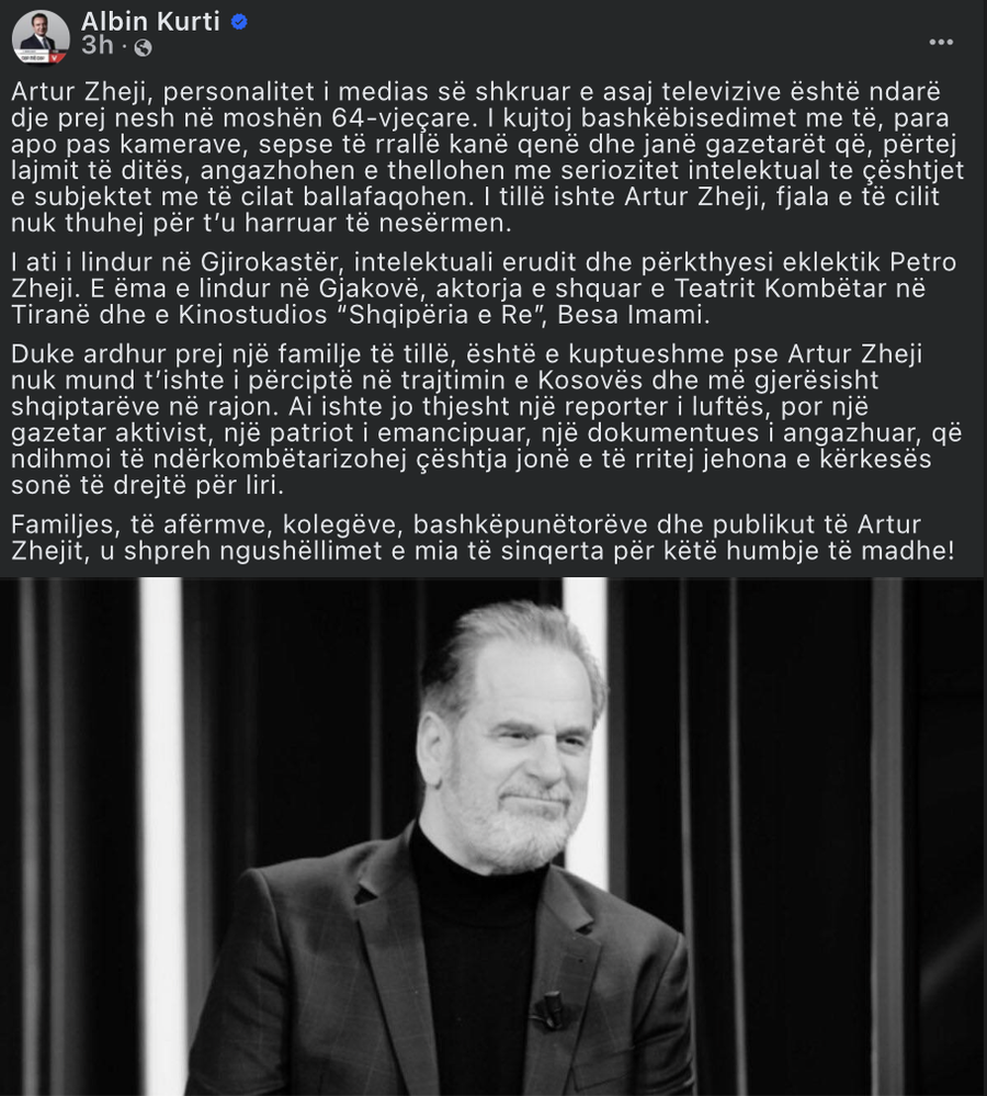 Vdekja e Artur Zhejit: Figura publike reagojnë pas lajmit të papritur