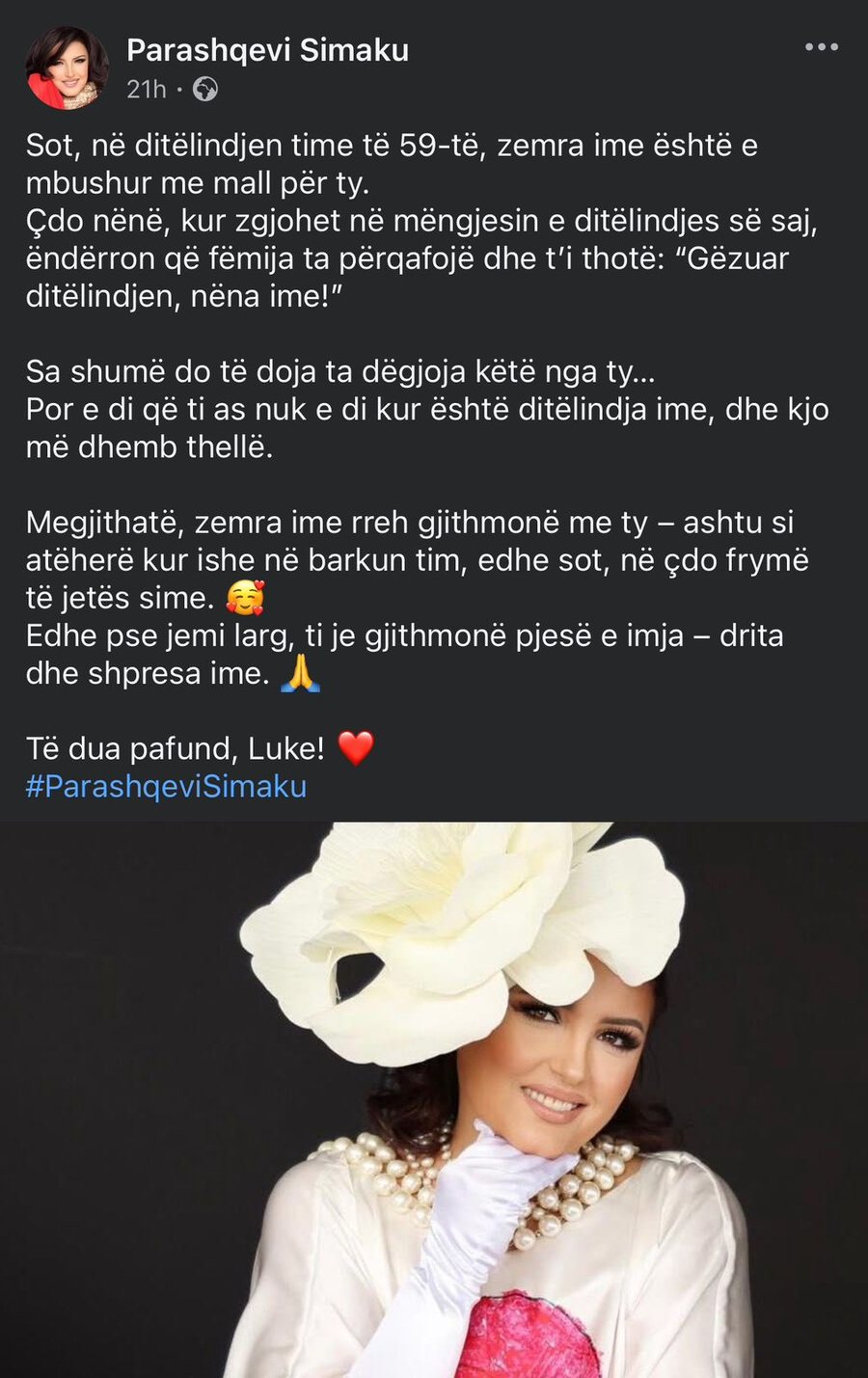 Në datëlindjen e saj, Parashqevi Simaku ka vetëm një mesazh