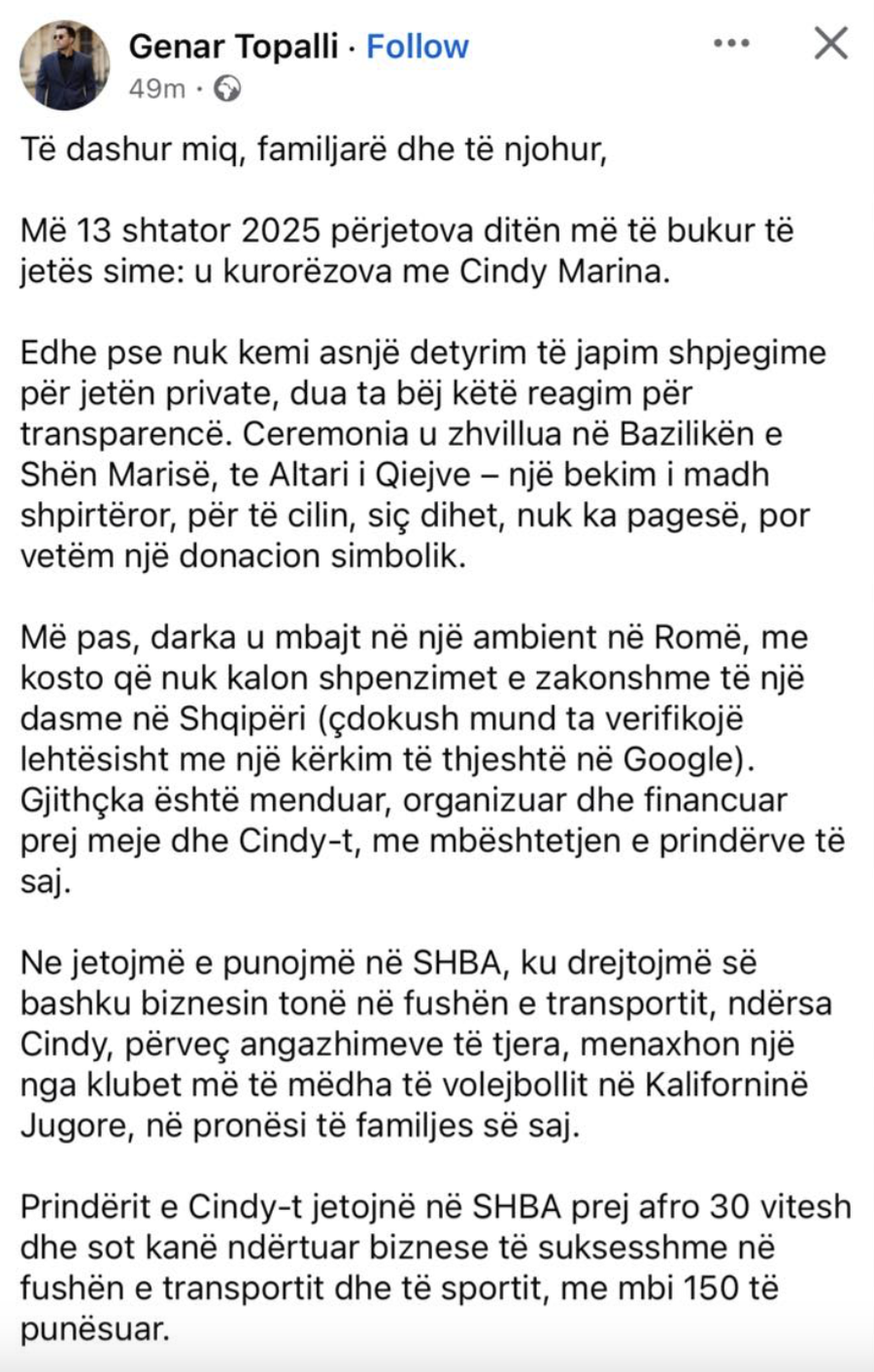 Pas komentit të Eva Muratit, reagon Genar Topalli, duke treguar edhe ca