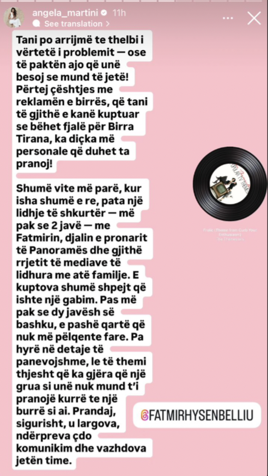 Angela Martini e paska inatin me Fatmir Hysenbelliun: “Tradhtoi një