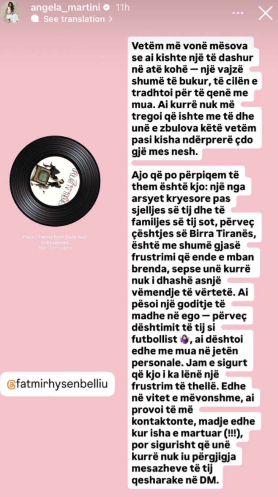 Angela Martini e paska inatin me Fatmir Hysenbelliun: “Tradhtoi një
