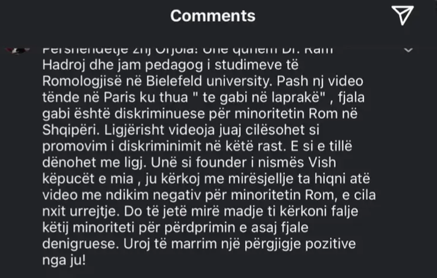Përdori fjalë fyese ndaj komunitetit rom: Oriola Marashi kërkon