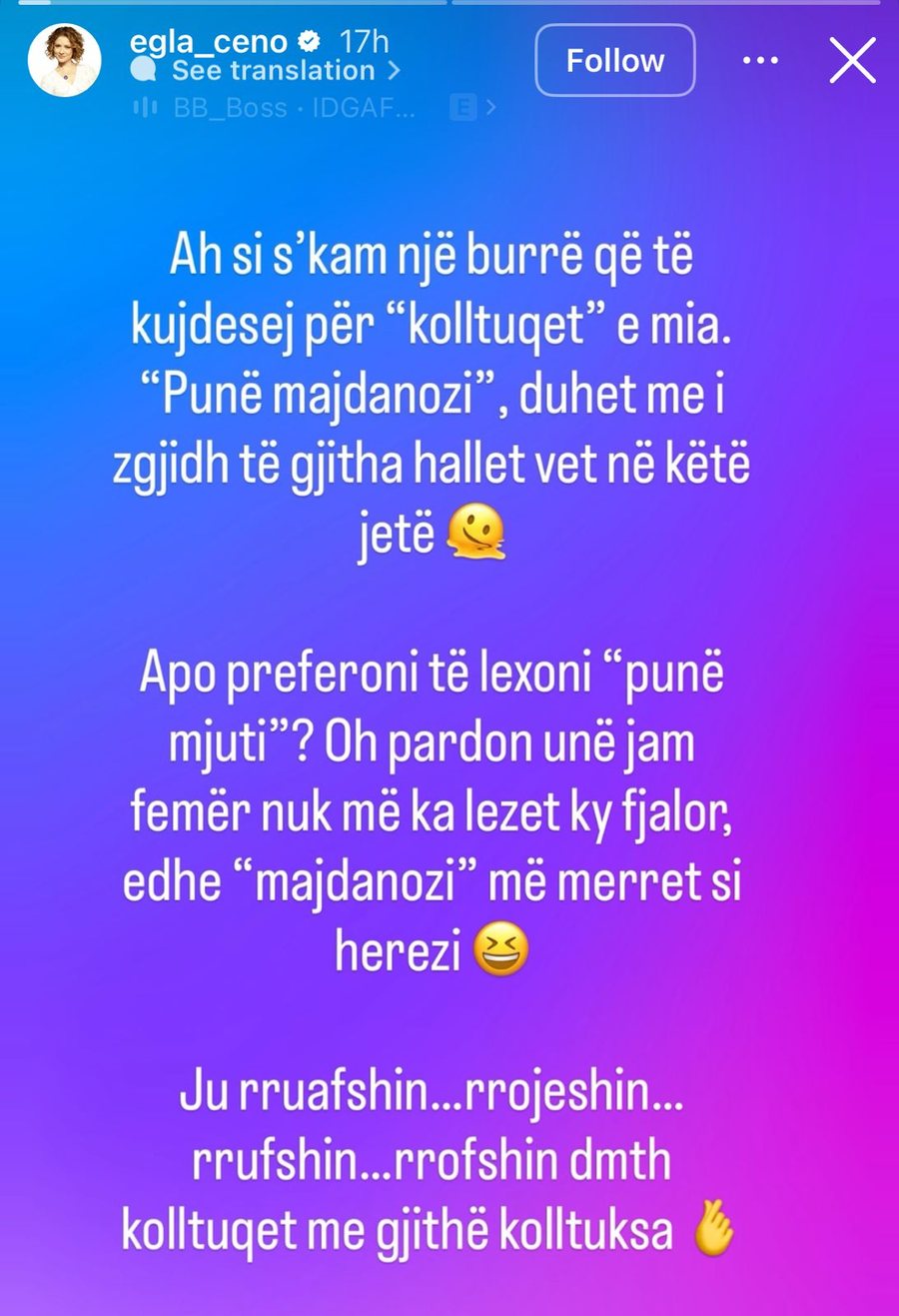 Egla Ceno ironizon Luizin dhe Kiar&euml;n: "Ju rrofshin kolltuqet me