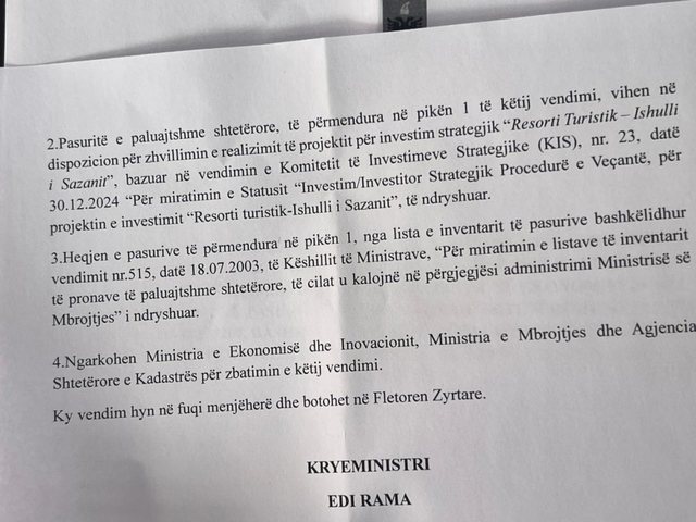 Dokumenti/ Qeveria p&euml;rgatit transferimin e ishullit t&euml; Sazanit te