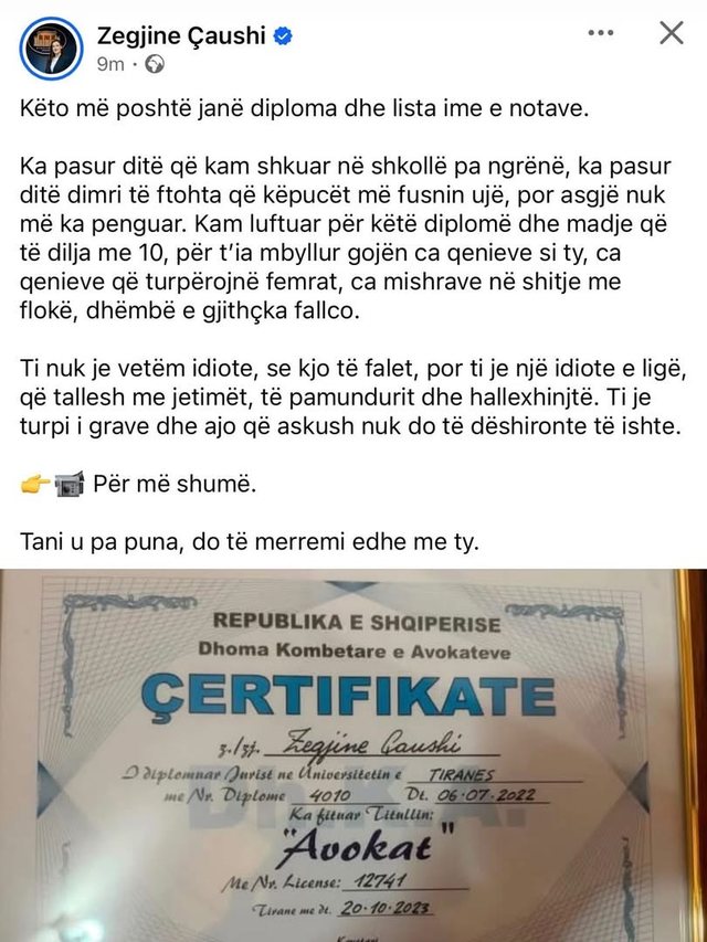 Zegjineja “merr hak” ndaj Dea Mishel/ Publikon diplomën dhe