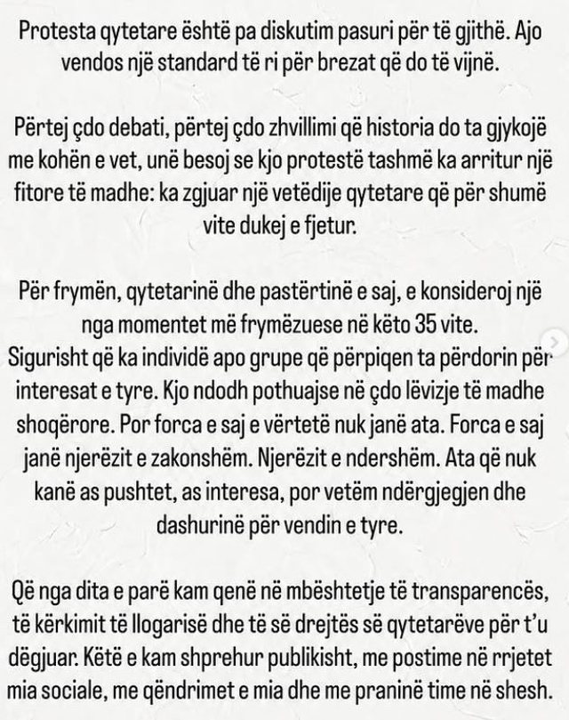 &ldquo;Protesta ka zgjuar vet&euml;dijen qytetare&rdquo;/ Revolta p&euml;r