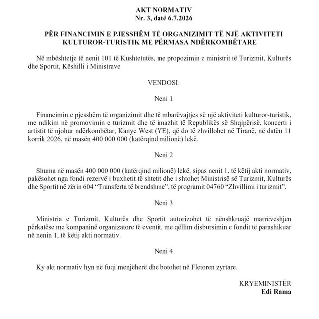 VENDIMI/ Qeveria harxhon 4 milionë euro për koncertin e Kanye West